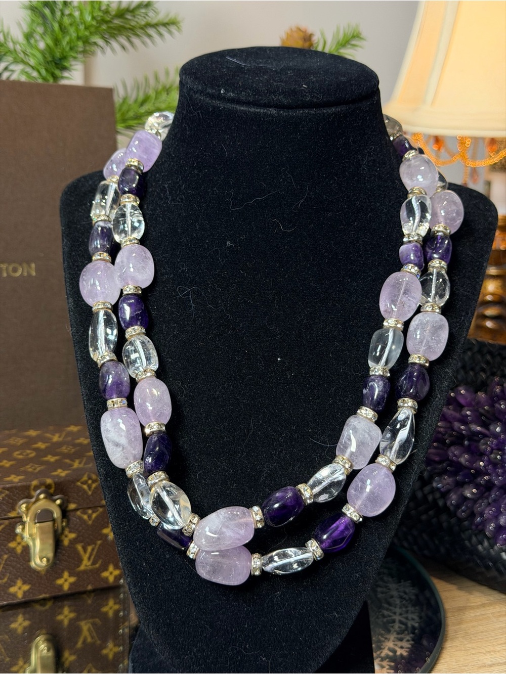Boho chic natural Amethyst & Rock Crystal chunky double necklace gemstones 19”